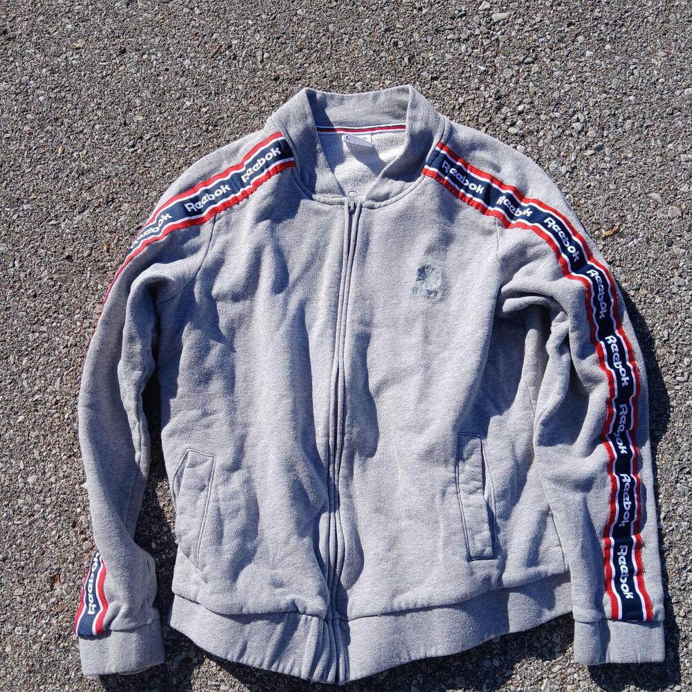 Reebok Track Jacket Mens Large Gray Red Blue Logo Tape Full Zip Classic Athletic